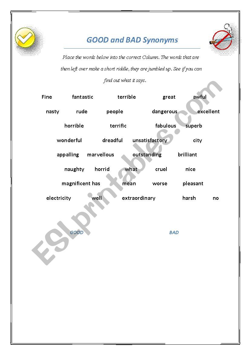 Good and Bad Synonyms worksheet