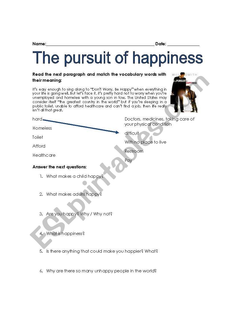 The pursuit of happiness 1 worksheet