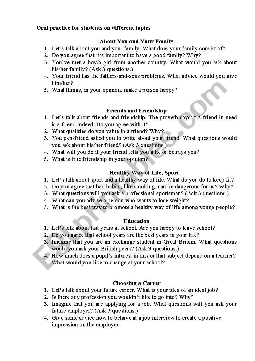 oral practice worksheet