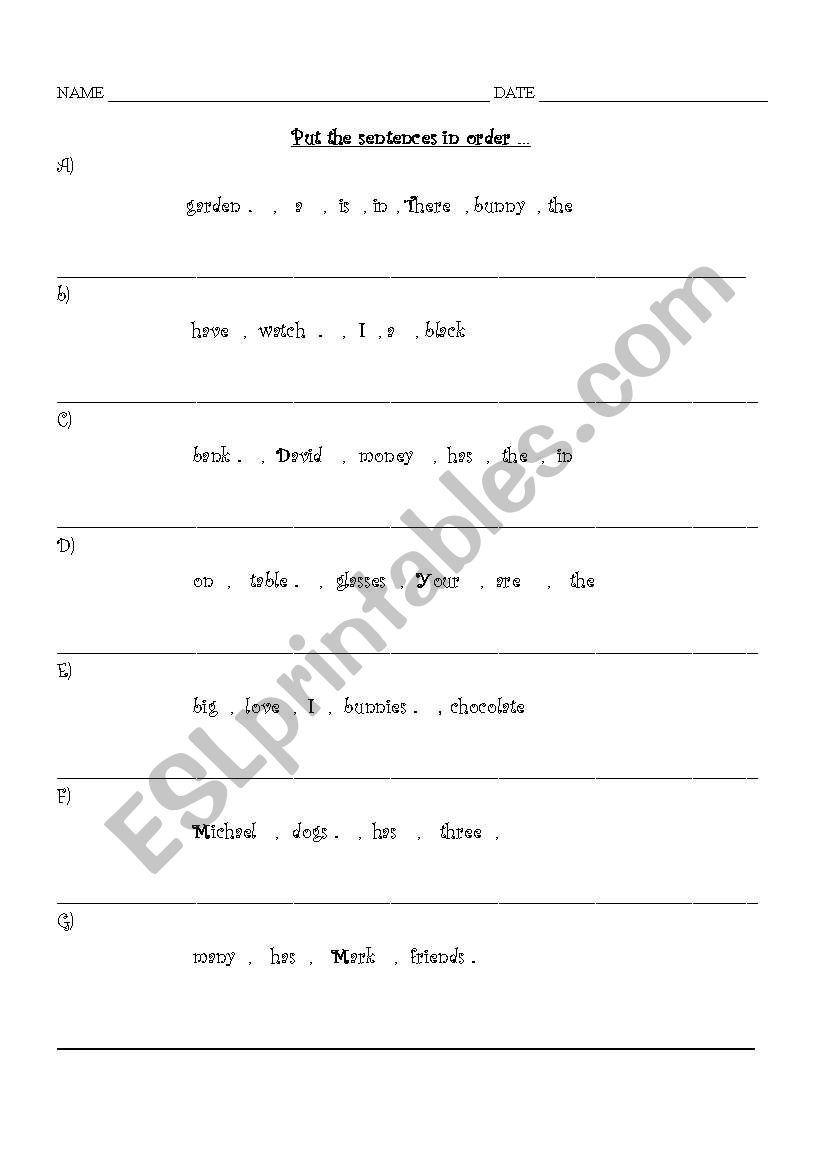 Put the sentences in order  worksheet