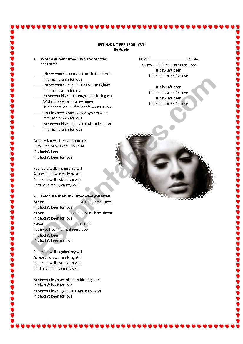 If it hadnt been love- Adele worksheet