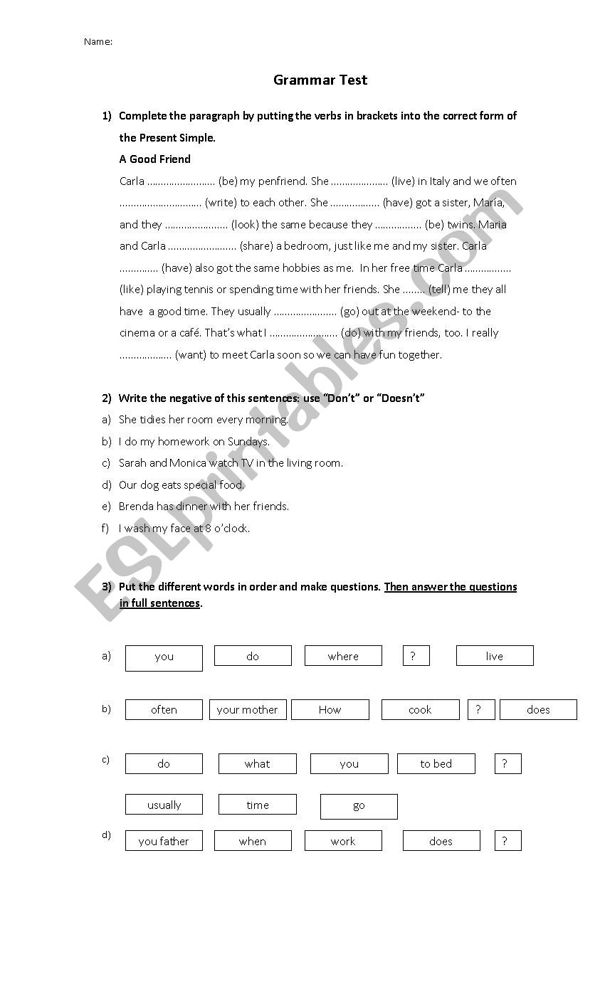 Grammar Test worksheet