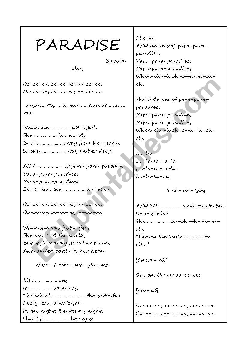 song: Paradise worksheet