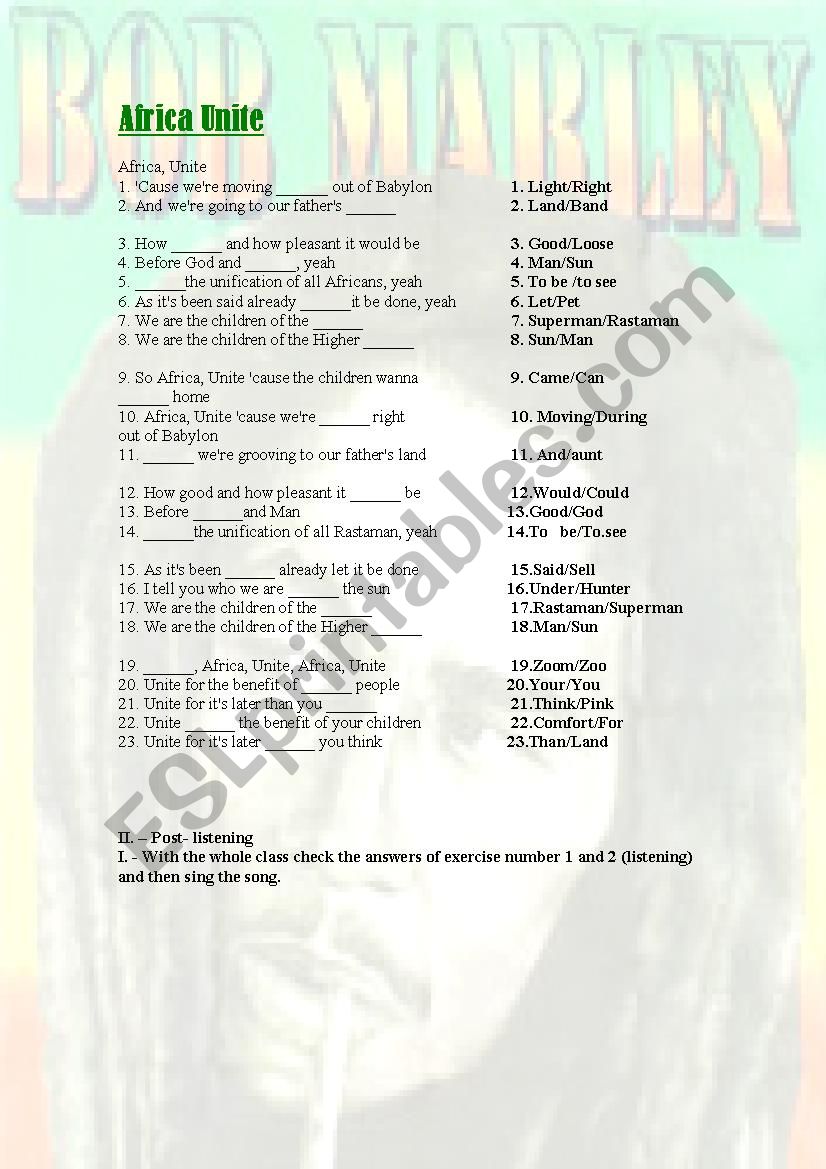 Bob Marley worksheet