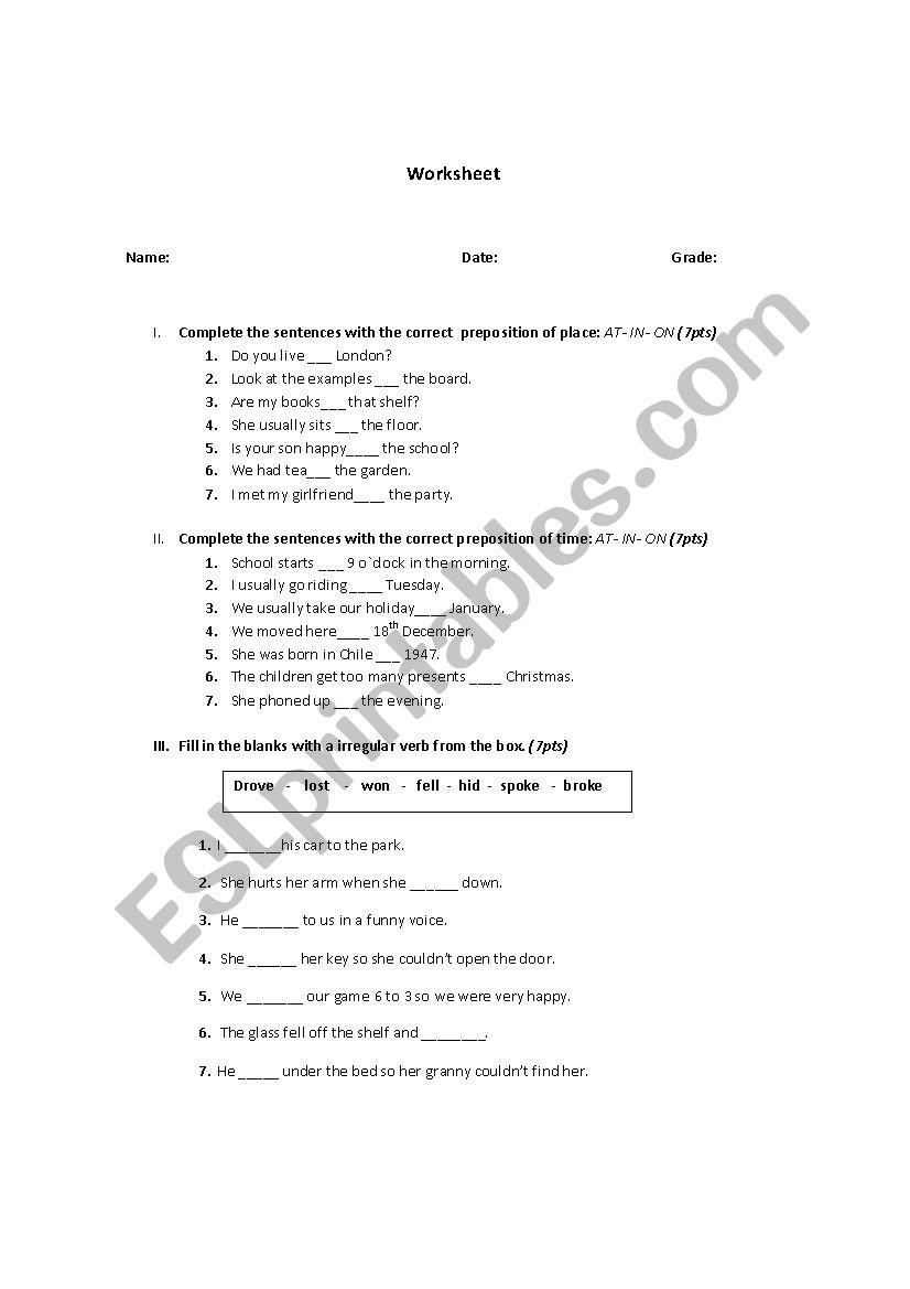 Prepositions worksheet AT- IN - ON