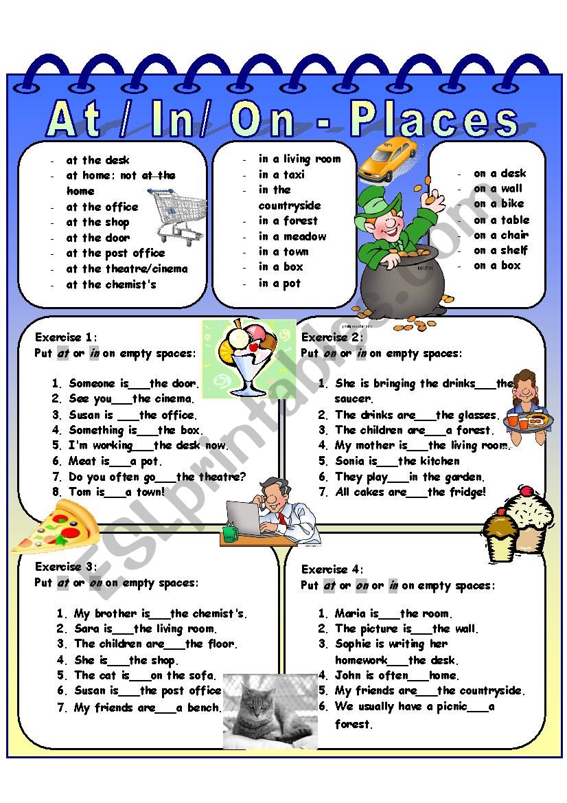 At / In / On - Prepositions + four exercises