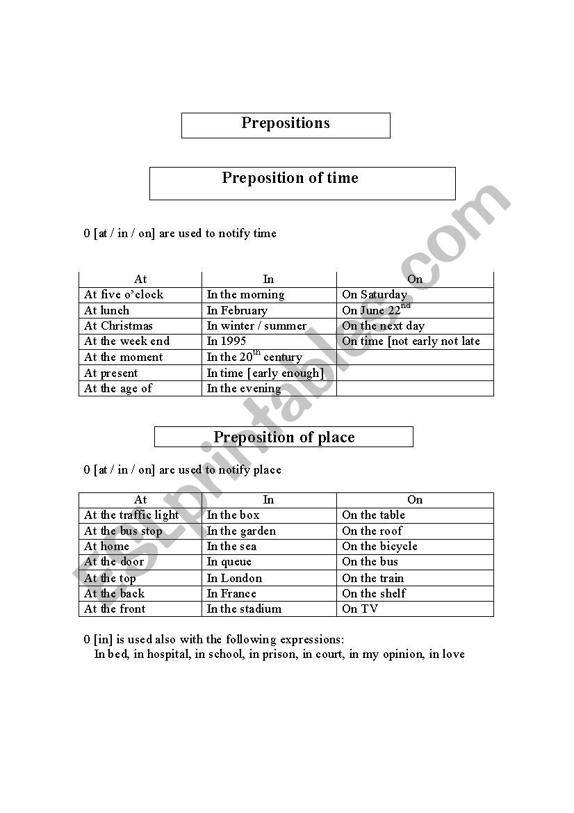 Preposition worksheet