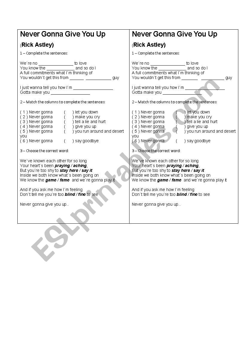 Never Gonna Give you up worksheet