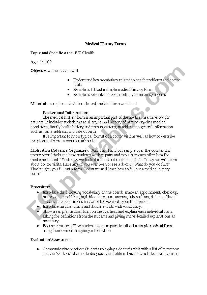 Visiting the Doctor--Medical History Forms