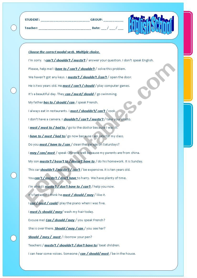 elementary modal verbs. multiple choice. part one.