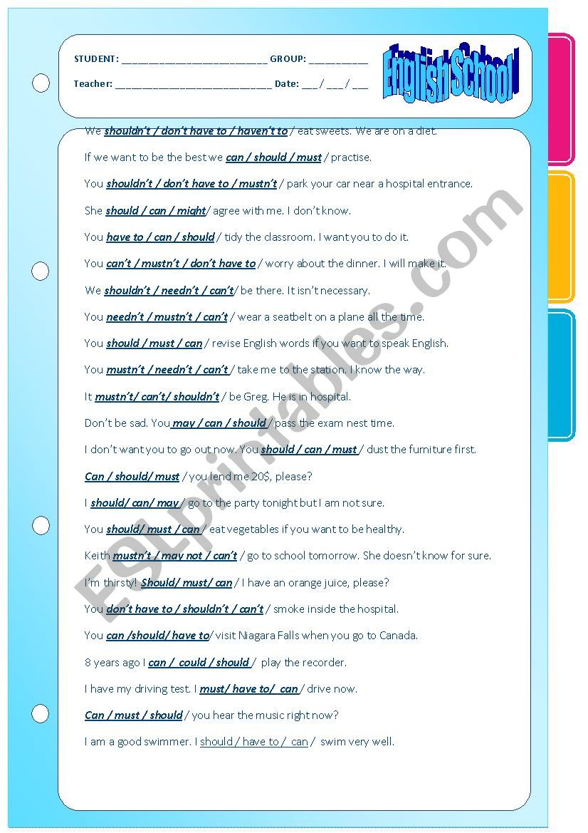 elementary modal verbs mulitple choice. part two.