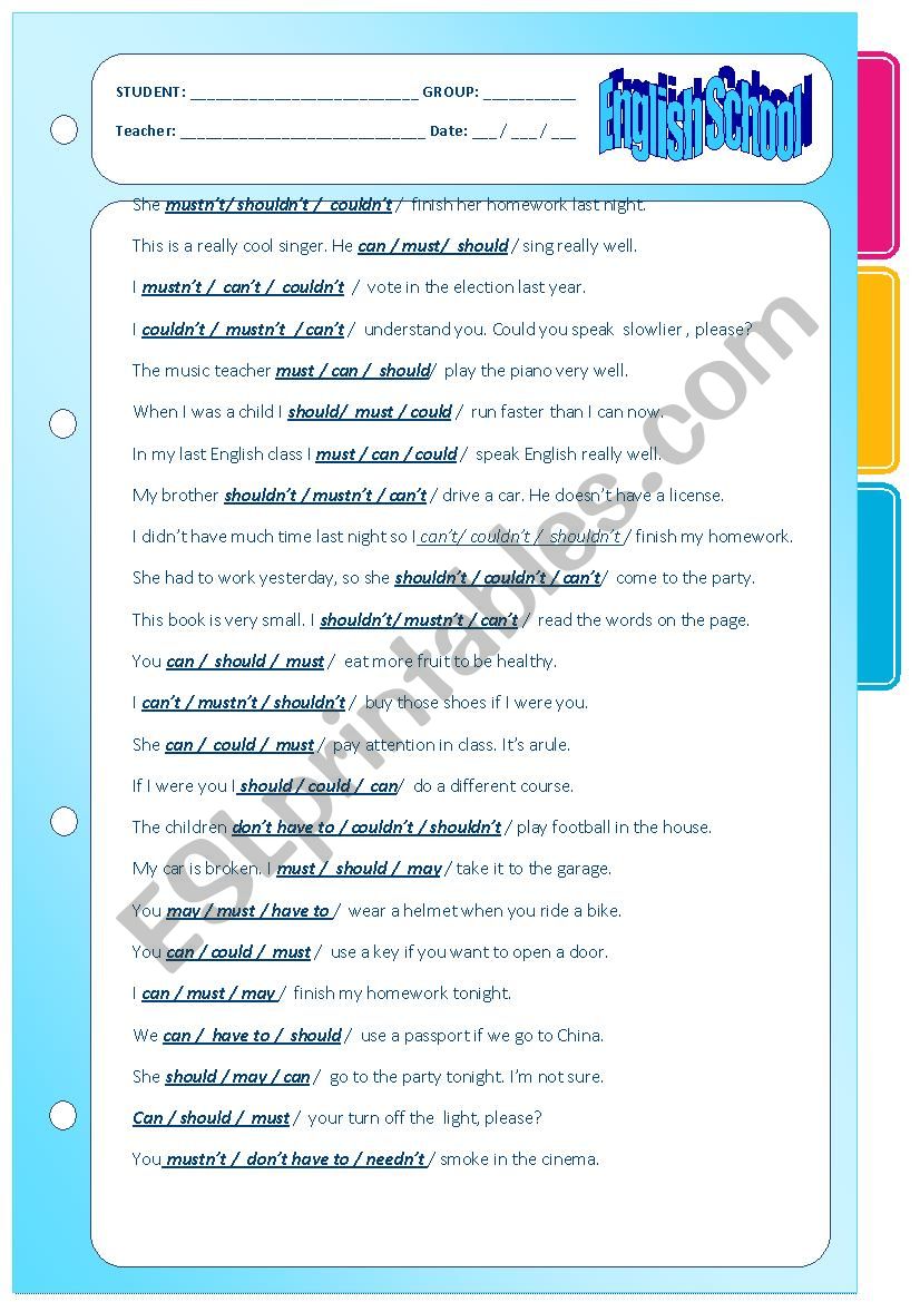 elementary modal verbs. Multiple choice part three.