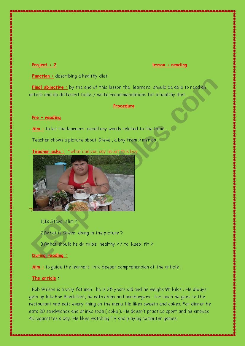 A reading lesson plan: health.
