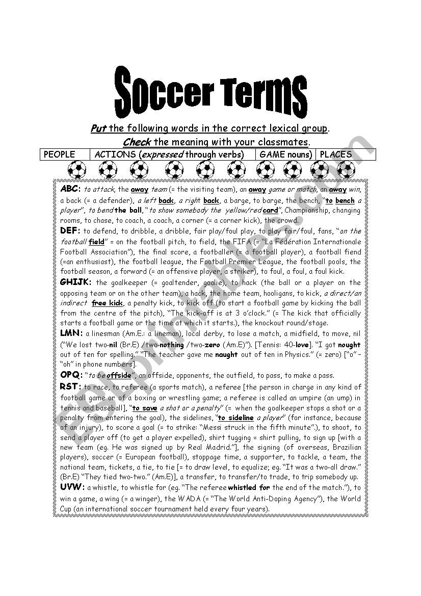 SOCCER TERMS CLASSIFICATION AND ANSWERS