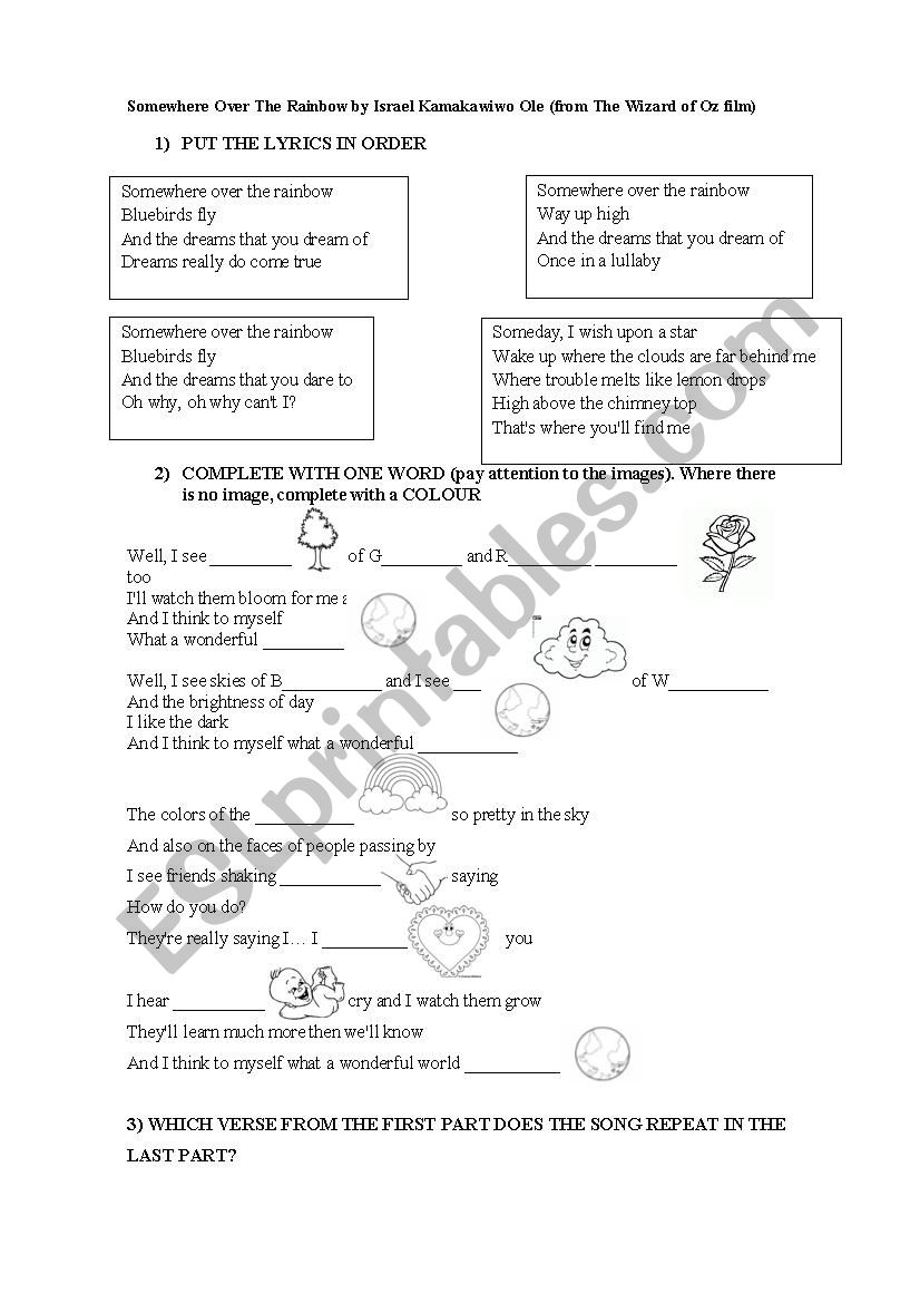 Somewhere Over The Rainbow worksheet