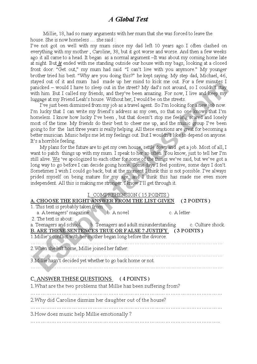 global test worksheet