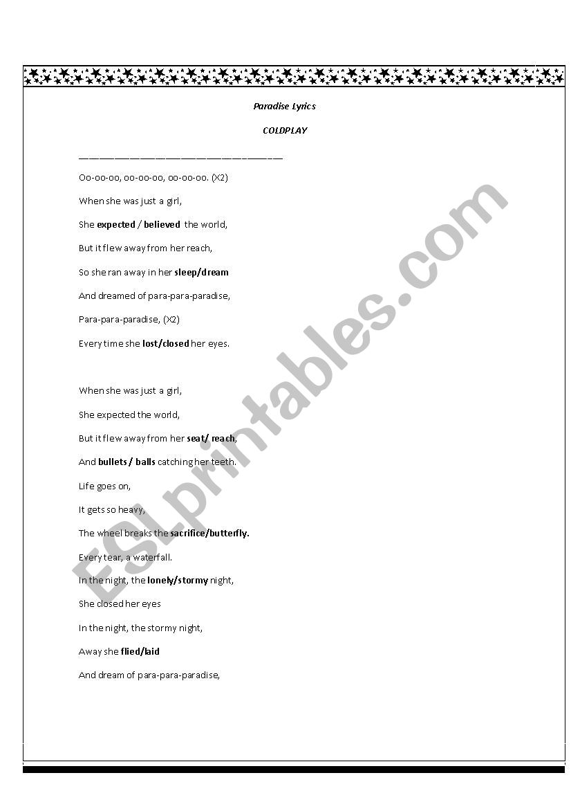 Paradise by Coldpplay worksheet