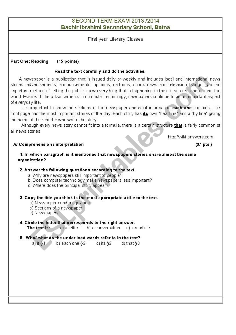 Newspapers worksheet