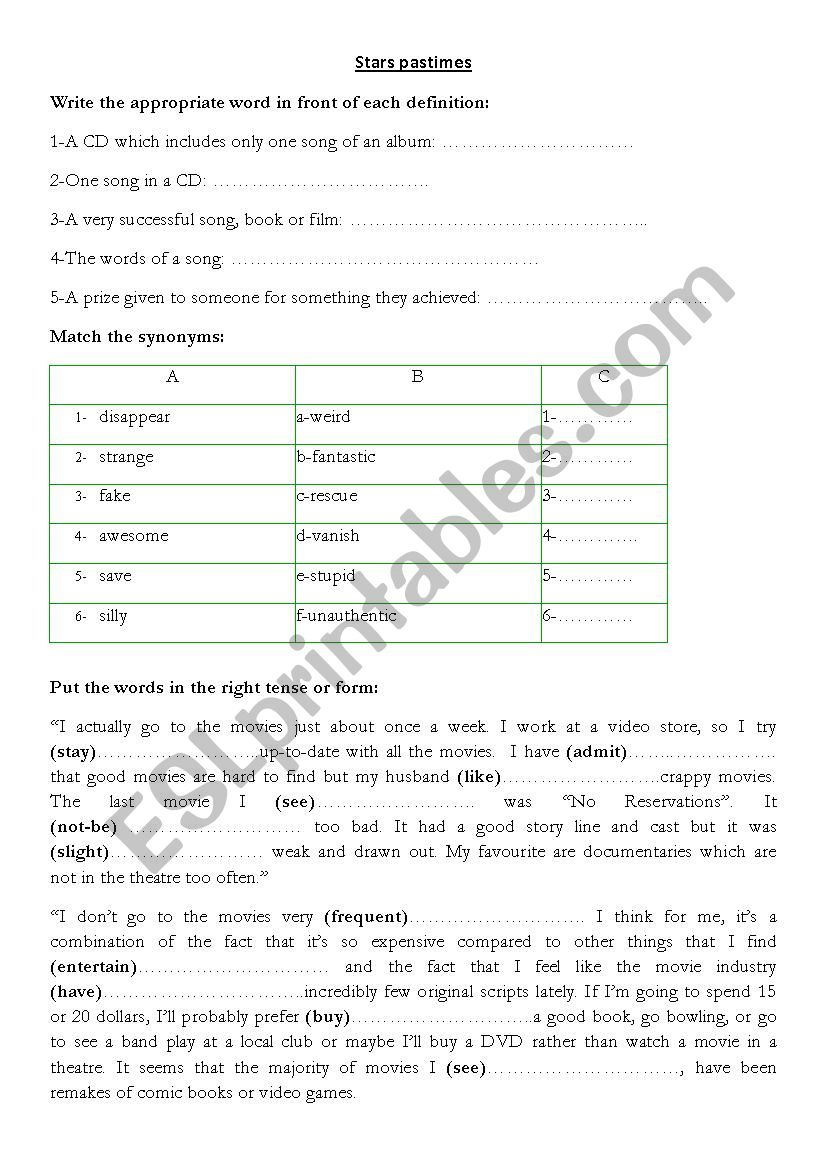 Star pastimes  worksheet