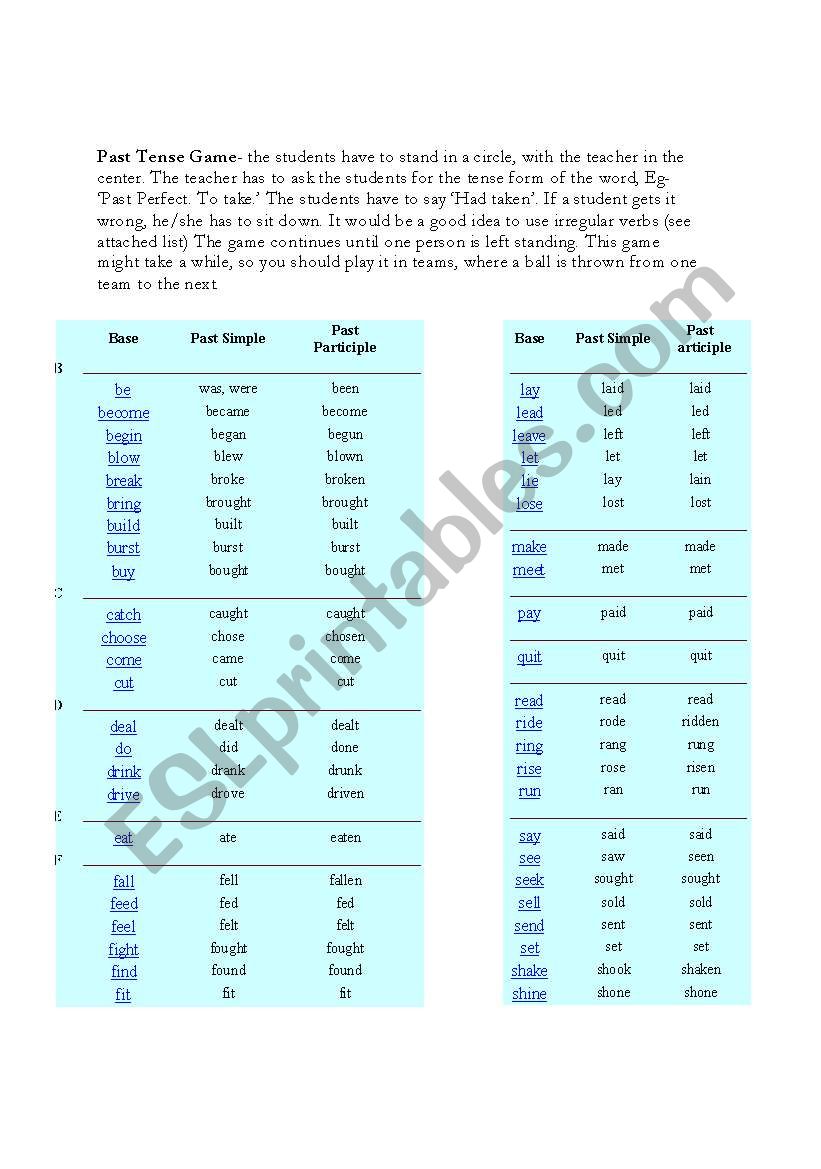 past trnse game worksheet