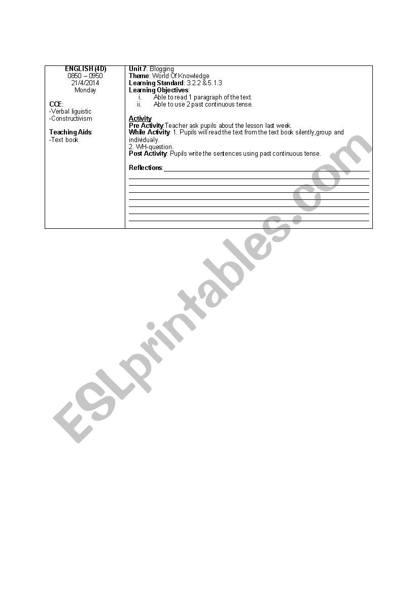 Lesson Plan English Year 4 worksheet