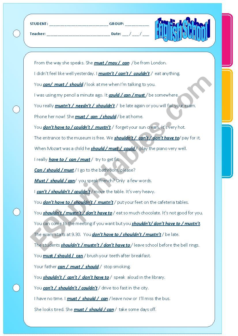 Modal verbs. Multiple choice. part four.