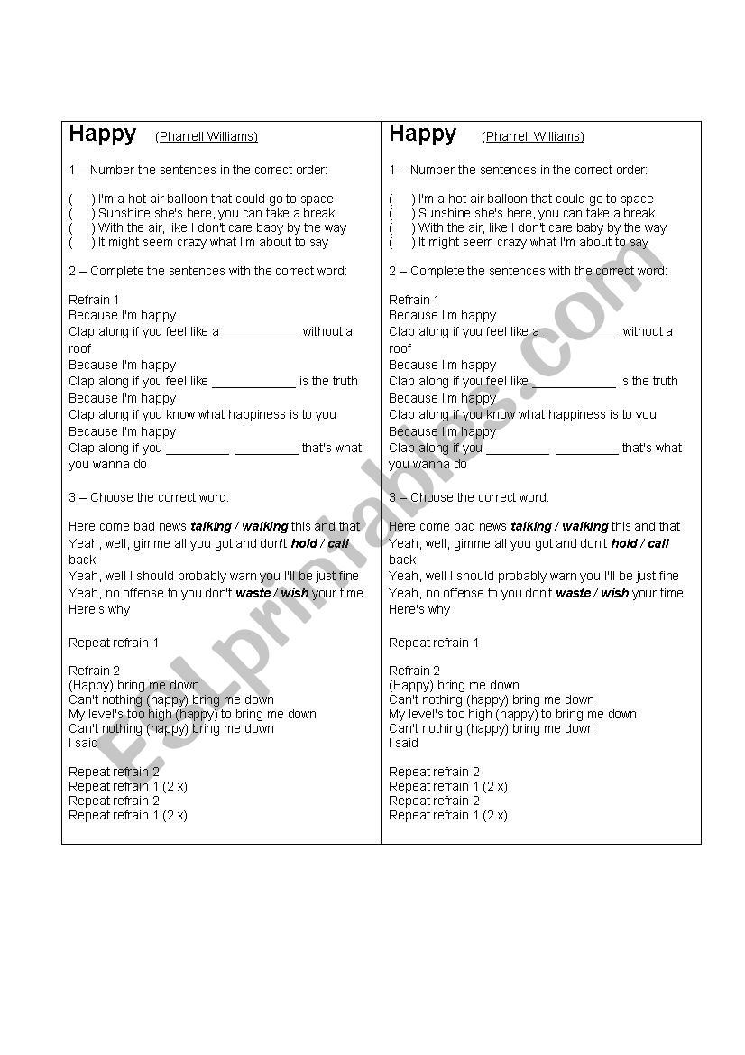 Happy - Pharrell Williams worksheet