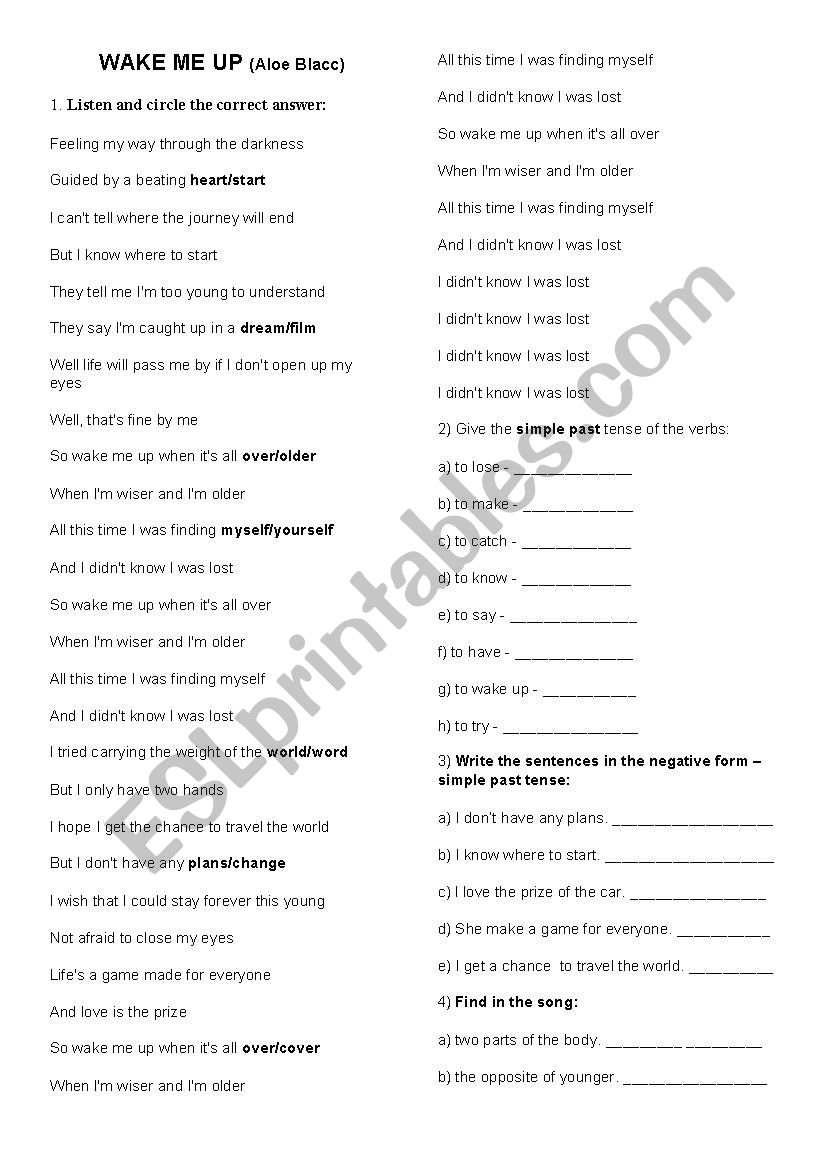 WAKE ME UP worksheet