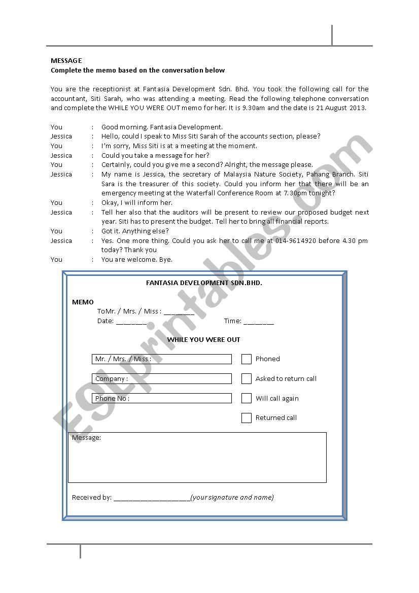 Taking Message worksheet