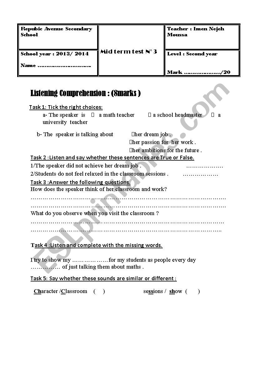 MID TERM TEST 3 FOR SECOND YEAR 