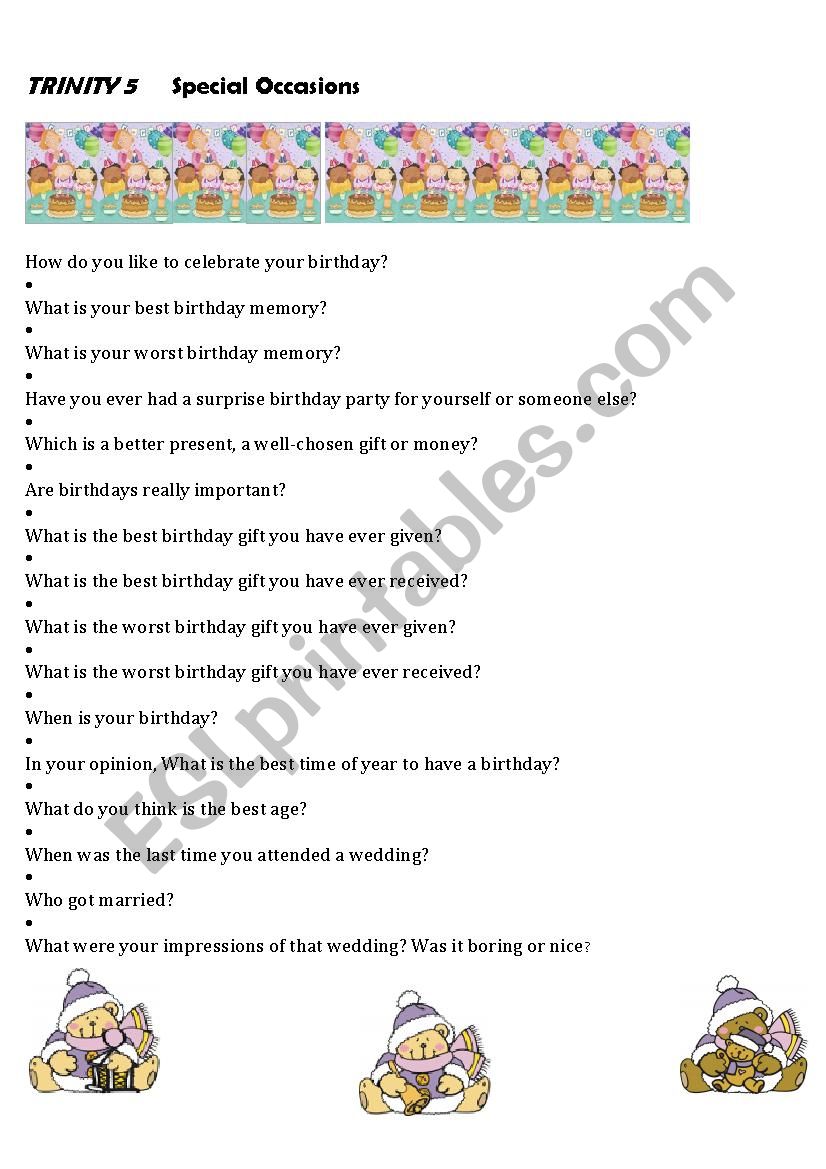 qUESTIONS ABOUT SPECIAL OCCASIONS ACCEPTABLE FOR ORAL EXAMS