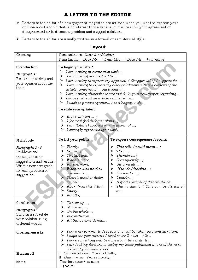 The letter to the editor worksheet