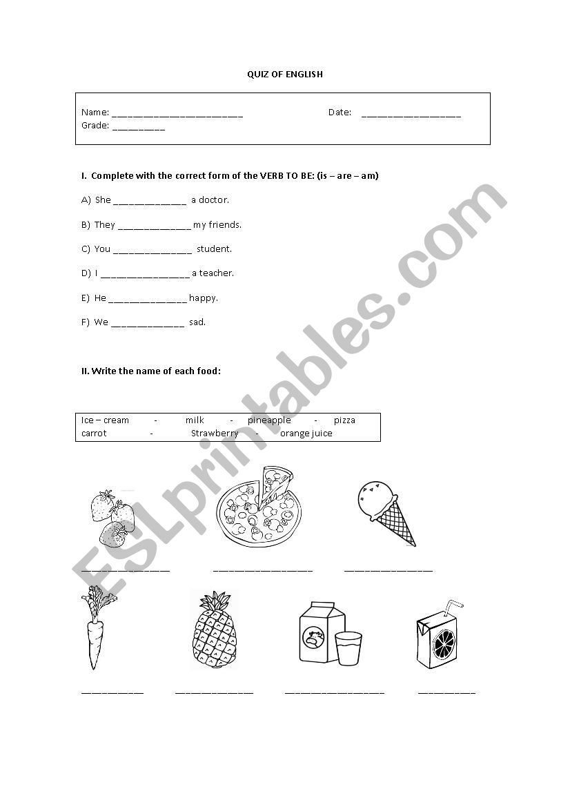 Verb to be and food worksheet