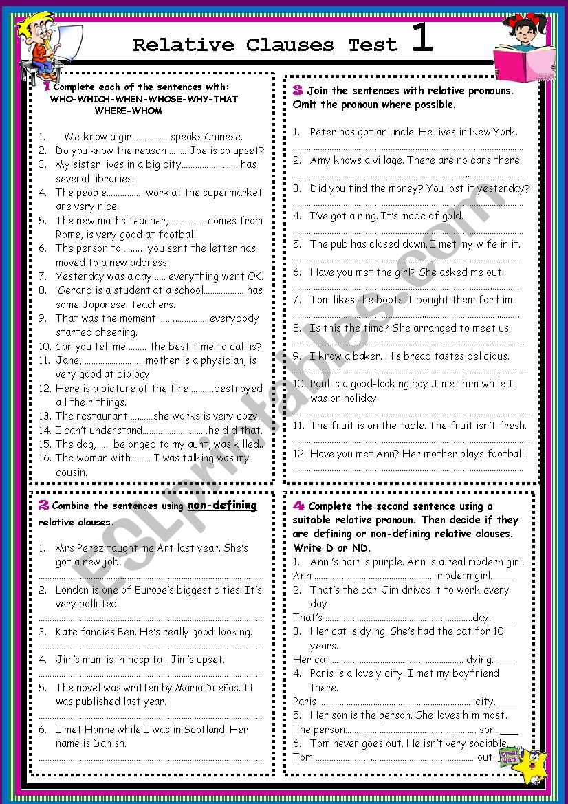 Relative Clauses Test 1 worksheet