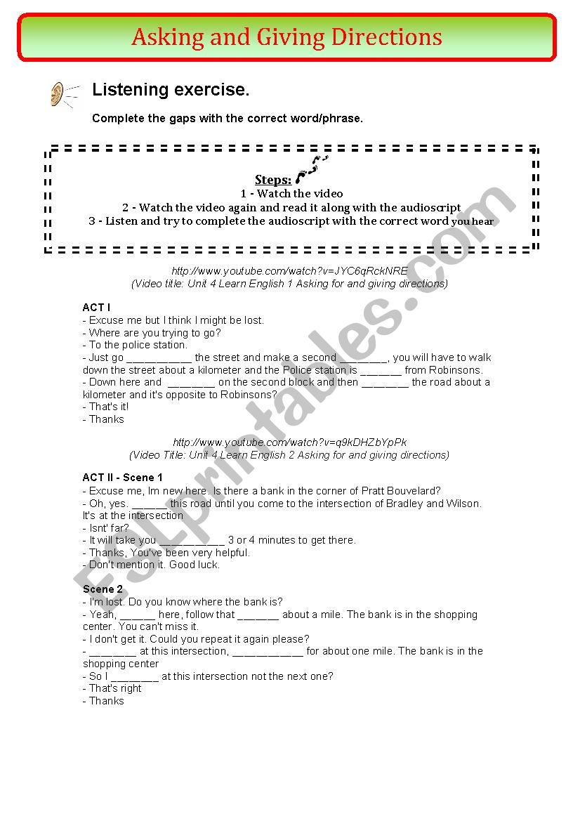 Asking and Giving directions (listening + speaking)