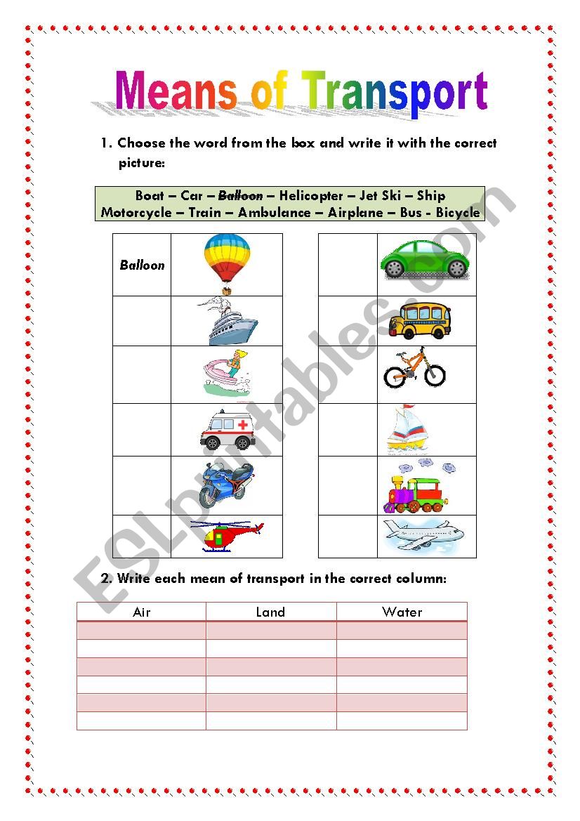 Means of Transport worksheet