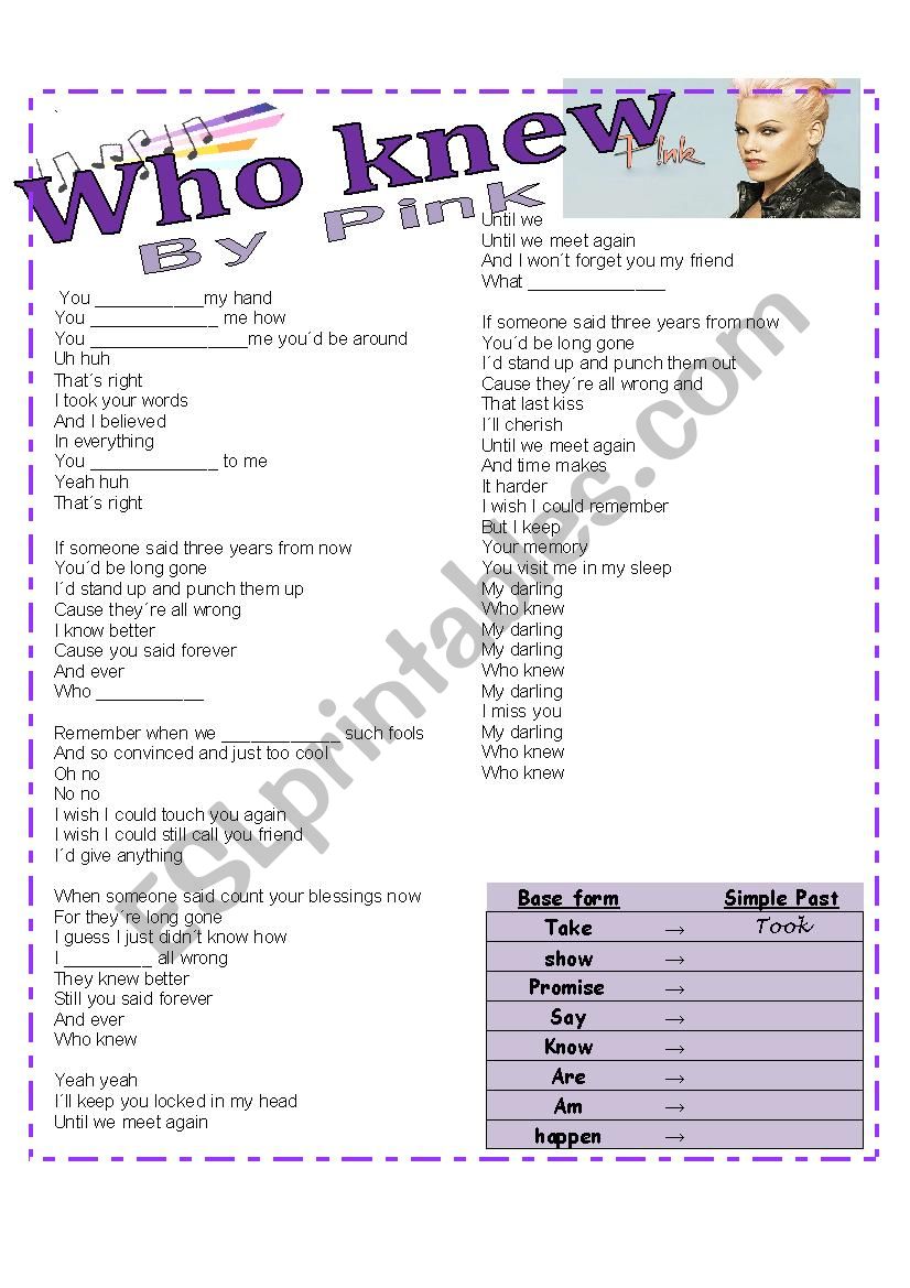 Who Knew song by pink worksheet