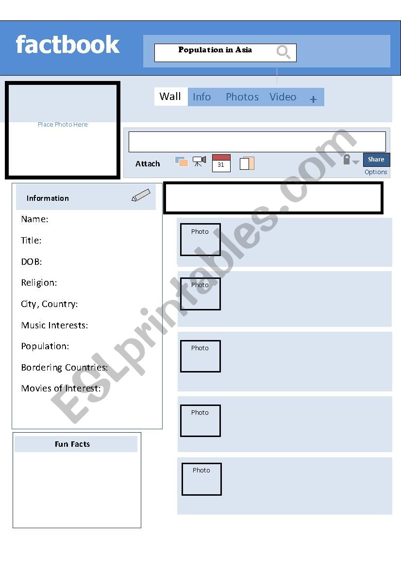 Facebook page  worksheet