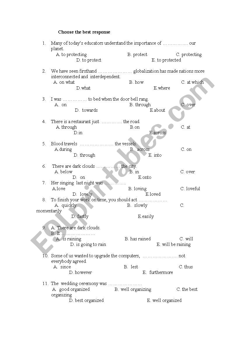 Mixed grammar and vocabulary test