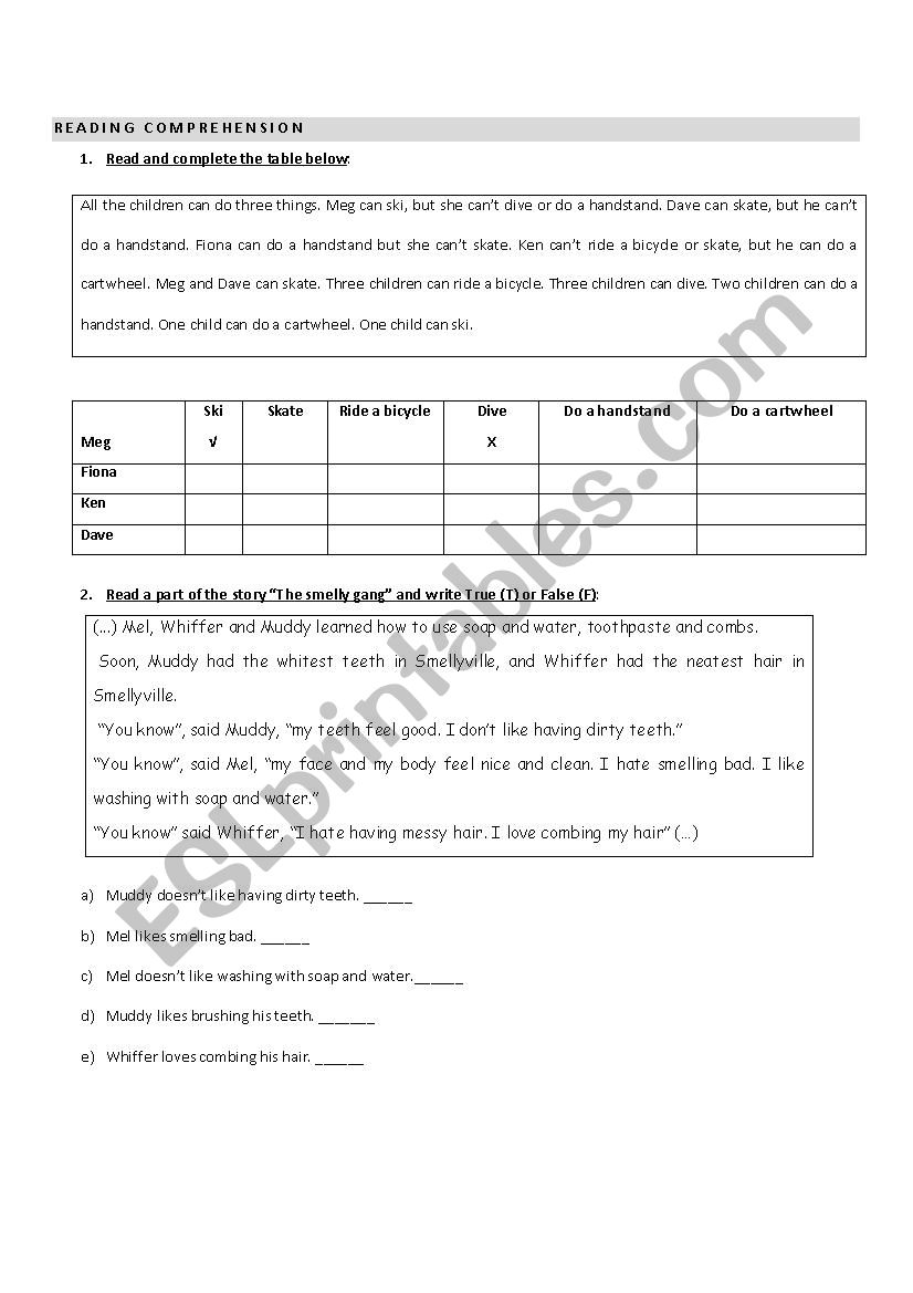 Reading comprehension worksheet