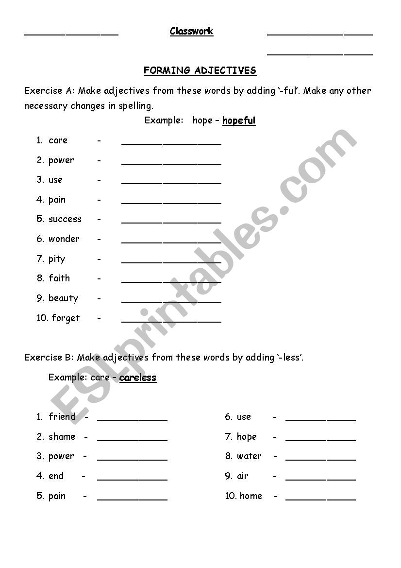 Forming Adjectives Practice exercise