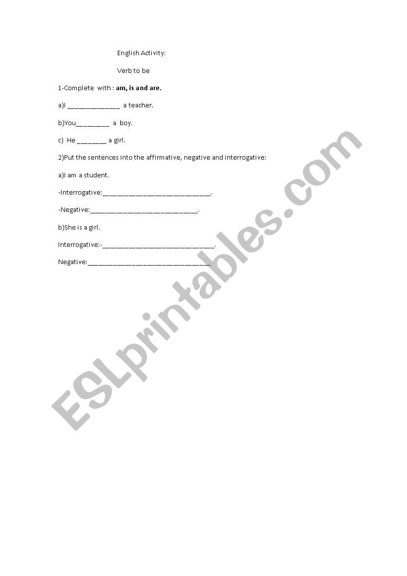 English activity -To be worksheet