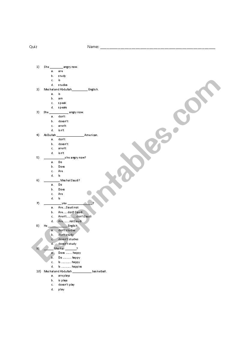 BE verbs v Other Verbs in Present/Present Progressive Tense Questions and Negative Statements Test