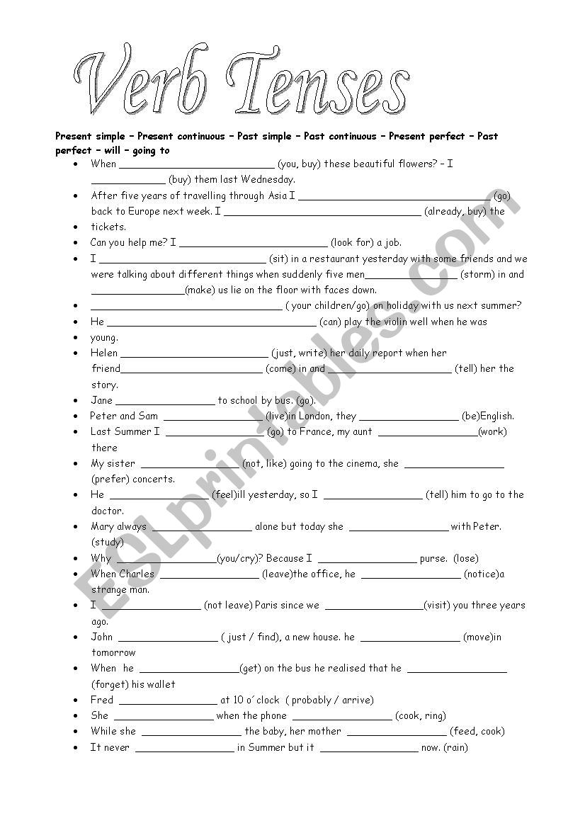 Tenses Worksheet For Class 7 With Answers Cbse