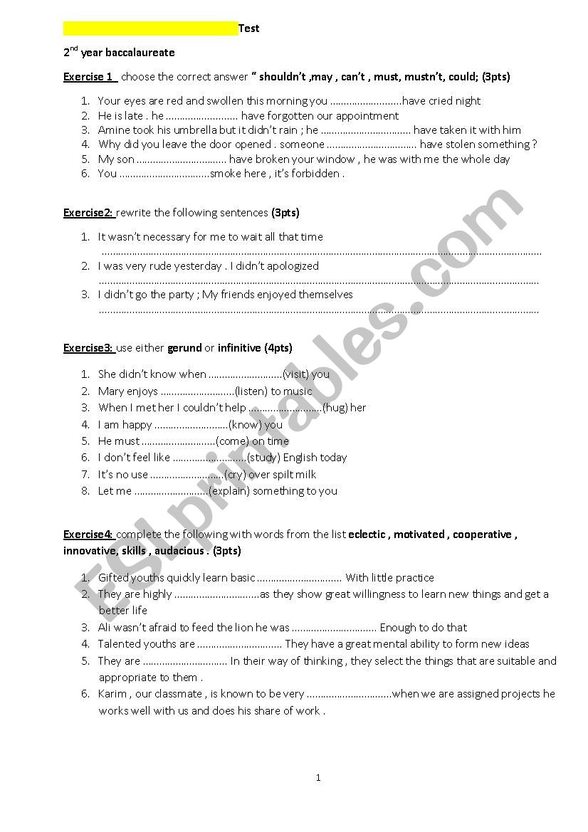 test for 2nd year bac  worksheet