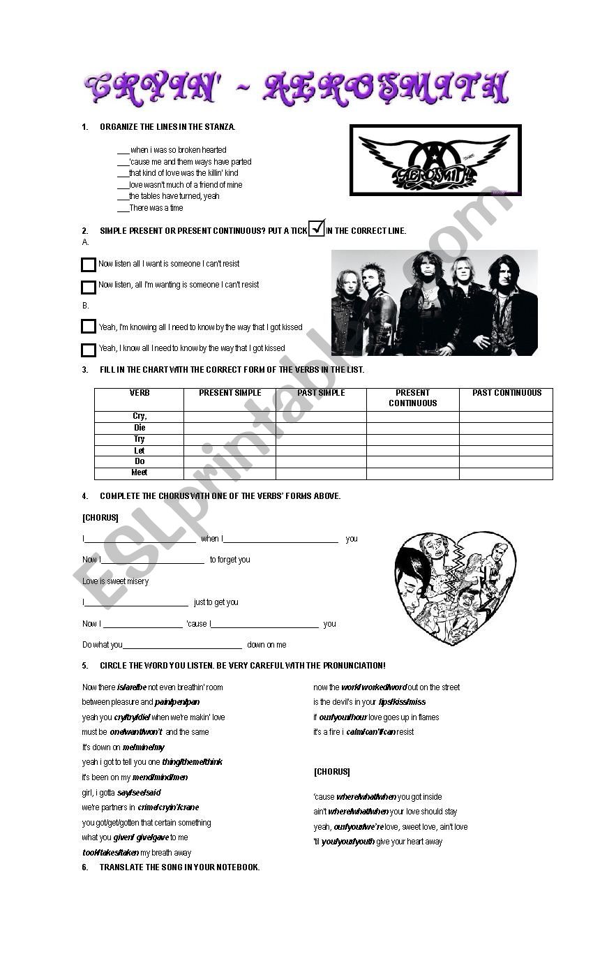 Cryin by Aerosmith worksheet