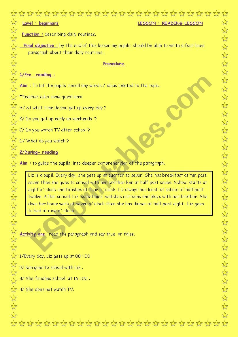 Reading lesson  plan. worksheet