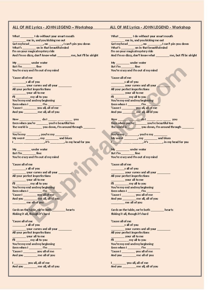 ALL OF ME - JOHN LEGEND worksheet