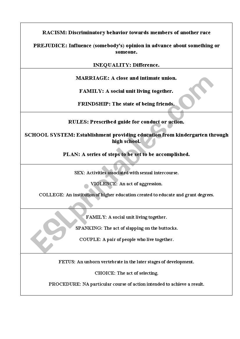 topics and definitions. worksheet