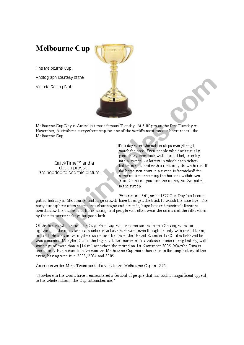 Melbourne Cup Facts & Quiz worksheet
